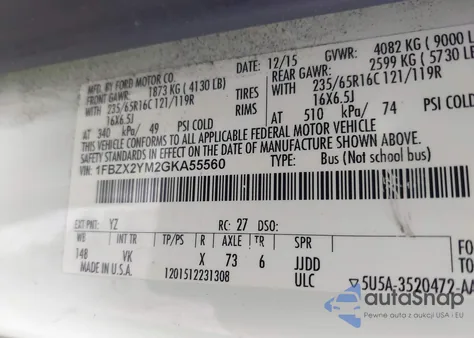 2016 Ford Transit-350 Xl из США, поврежденный, VIN 1FBZX2YM2GKA55560